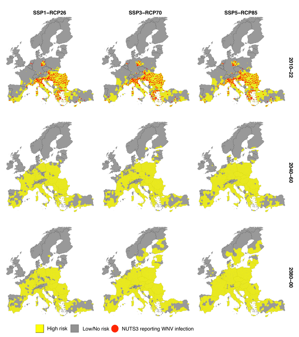 Projected West Nile virus transmission risk maps across Europe over 20 years